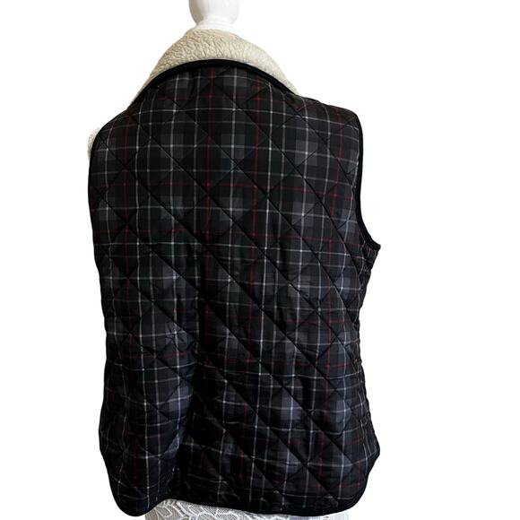 British Khaki Black Plaid Cabincore Vest with Faux Fur Collar–Women’s Size Large - Picture 3 of 7